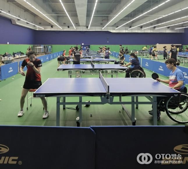 안산시 직장운동경기부 탁구부가 장애인 국가대표 선수단에 기초 자세 교정 등 기술 지도를 하고 있다.