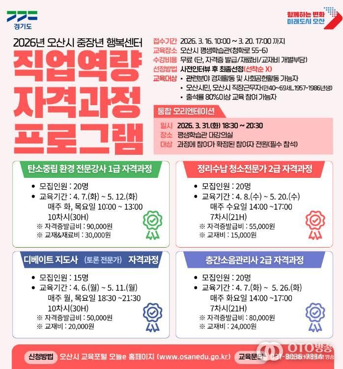 오산시, ‘중장년 행복센터 직업역량 자격과정’ 수강생 모집